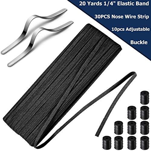 TBSDQLTEV Banda elástica de 20 yardas 1/4 pulgadas blanco con tira de alambre para la nariz (30 piezas) y 10 hebillas ajustables (negro)