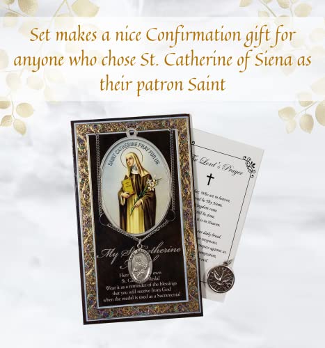 Saint Catherine Of Siena Medal Necklace with Confirmation Dove Charm | St Catherine Of Siena Pendant Jewelry,Holy Spirit Dove Pendant, Lord's Prayer Card | Catholic Patron Saint Of Italy Themed Set2