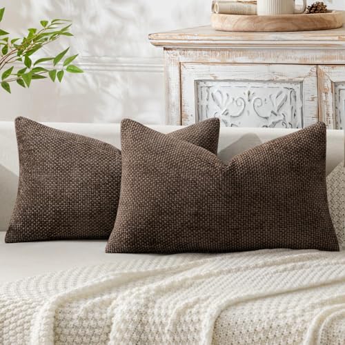 Image of MIULEE Pack of 2 Lumbar Couch Throw Pillow Covers 20x12 Inch Dark Brown Modern Boho Accent Decorative Pillow Covers Soft Chenille Farmhouse Cushion Covers for Home Decor Bed Sofa Living Room