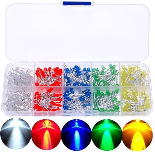 MINGZE Diodos Emisores de Luz LED, 3mm establecen componentes electrónicos redondos 5 colores Ultrabrillante Multicolor 2pin LED equipo kit (500 piezas)