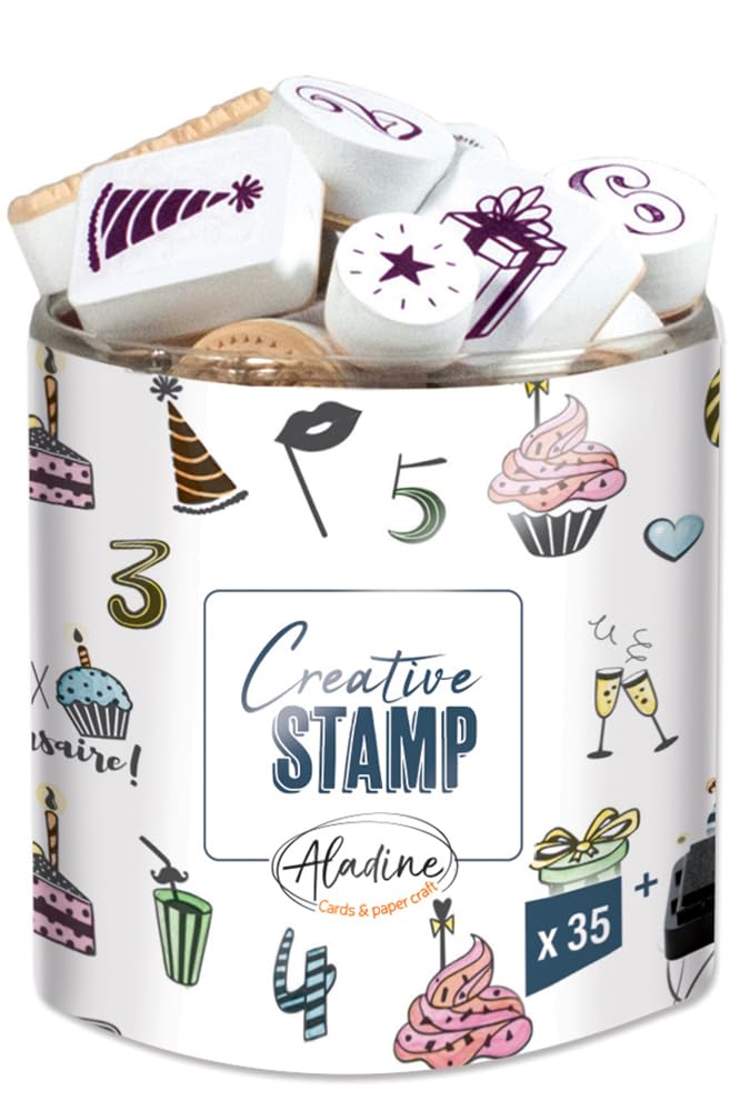 Aladine - Birthday Scrap Stampo - Stamp Kit for Creative Cartery - Scrap, DIY, craftwork - Stamp Set to take everywhere + Black Ink Included - Birthday Theme