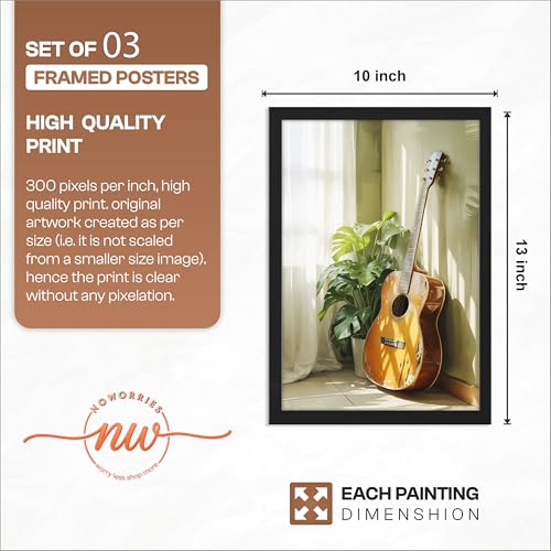 Image of NoWorries Modern Aesthetic Wall Art Framed Painting Set of 3 | Vintage Record Player, Coffee Book & Acoustic Guitar Prints with Frame | Cozy Lifestyle Music Decor Frames for Living Room, Bedroom and Studio, Minimal Contemporary Framed Artwork Ready to Hang (Art-8, 10x13inch, Wooden)