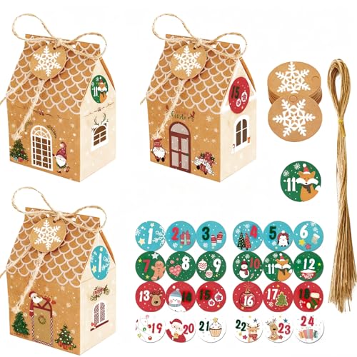 Aezzybe 24 PCS Calendario Avvento da Riempire, Set Scatole Caramelle DIY casa, pan zenzero e Scatole Regalo carta kraft, decorazione conto alla rovescia Natale e confezione regali