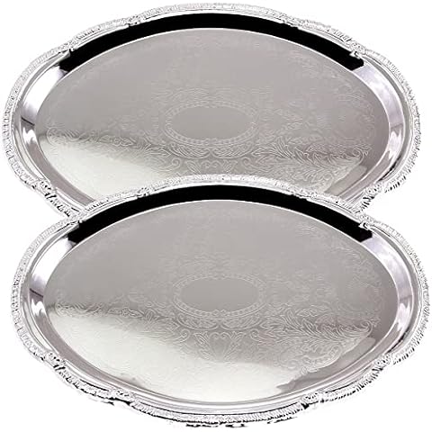 Maro Megastore (Pack of 2) 15 inch x 10.6 inch Oval Chrome Plated Silver Serving Tray Stylish Design Floral Engraved Edge Decorative Party Birthday Wedding Dessert Buffet Wine Platter Plate CC-1622 Cover