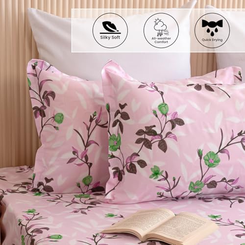 Image of HOMEMONDE Cotton 210 TC Bedsheet for Single Bed Soft & Breathable Floral Printed Flat Sheet with 1 Pillow Case, (60 x 90 Inch, Lavender Pink) | Perfect for Home Decor & Gifting