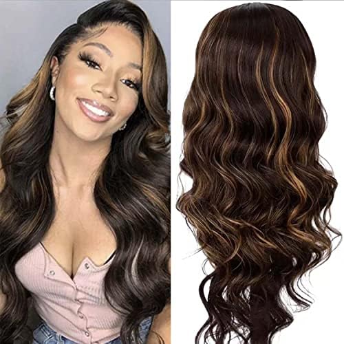 JOLNVCA Long Body Wave Wigs for Women Side Part Brown Mixed Blonde Wavy Wigs Natural Looking Synthetic Heat Resistant Fiber Wigs Hair Daily Party Use 26"