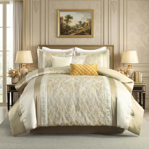 Image of CozyDH Luxury Comforter Set Queen Size, Champagne Beige, 7 Piece Bed in a Bag Jacquard Vintage Floral Damask, All Season Down Alternative Bedding with Bed Skirt, Shams, Decorative Pillows