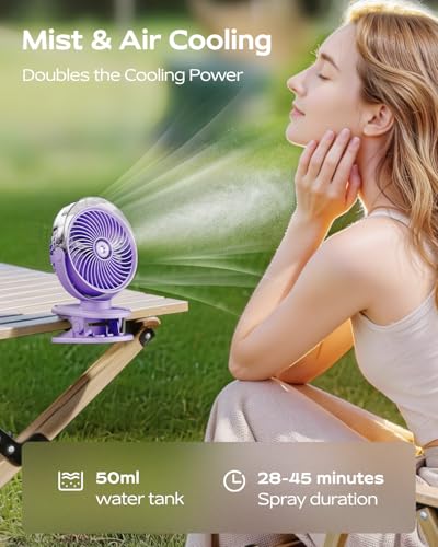 SWEETFULL Portable Misting Clip On Fan, USB-C Rechargeable Mini Personal Cooling Fan with 4 Speeds, 360° Rotatable, Quiet Cooling for Outdoor, Camping, Golf Cart, Travel, Stroller & Desk (Purple) — view 2