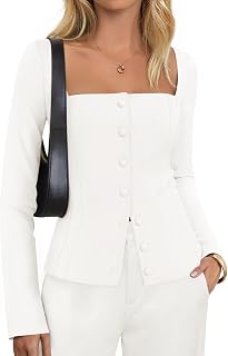 Women's Fall Square Neck Blazers 2025 Casual Long Sleeve Button Up Work Business Fitted Blazer Jackets