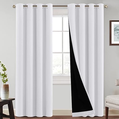 PrinceDeco 100% Blackout Curtains for Bedroom Thermal Insulated Curtains for Living Room Grommet Top Noise Reducing Black Lined Insulated Window Treatment Curtain, 2 Panels (52x84 inch, White)