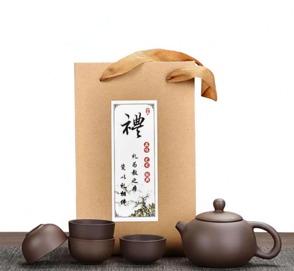Traditionelles Chinesisches Yixing Tee-Service Set, Handgefertigte Keramik, Braun, 4-Teiliges Kung Fu Teeservice mit Teekanne und Tassen in Geschenkbox