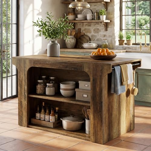 Tribesigns 55" Stationary Kitchen Island with Storage, Counter Height Island Kitchen Table with 2 Shelves, Hanging Rods and Leg Room, Wooden Farmhouse Dinner Prep Station for Dining Room, Rustic Brown