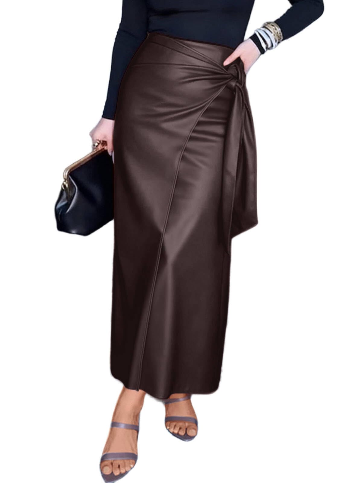 CHARTOU Womens Long Faux Leather Skirt Fall Warp High Waisted Zip Up Side Slit Pencil Skirt