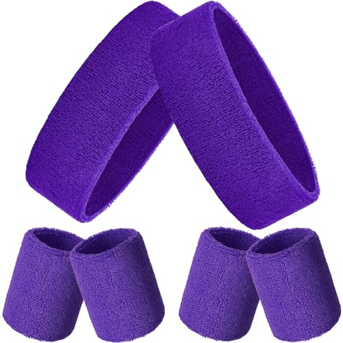 Image of Bememo 6 Pcs Neon Sports Sweatbands Set Sports Competitions Sweatbands 2 Headband 4 Wristbands Breathable Terry Cloth Athletic Bands for Team Soccer Spirit 80s Costumes Cosplay
