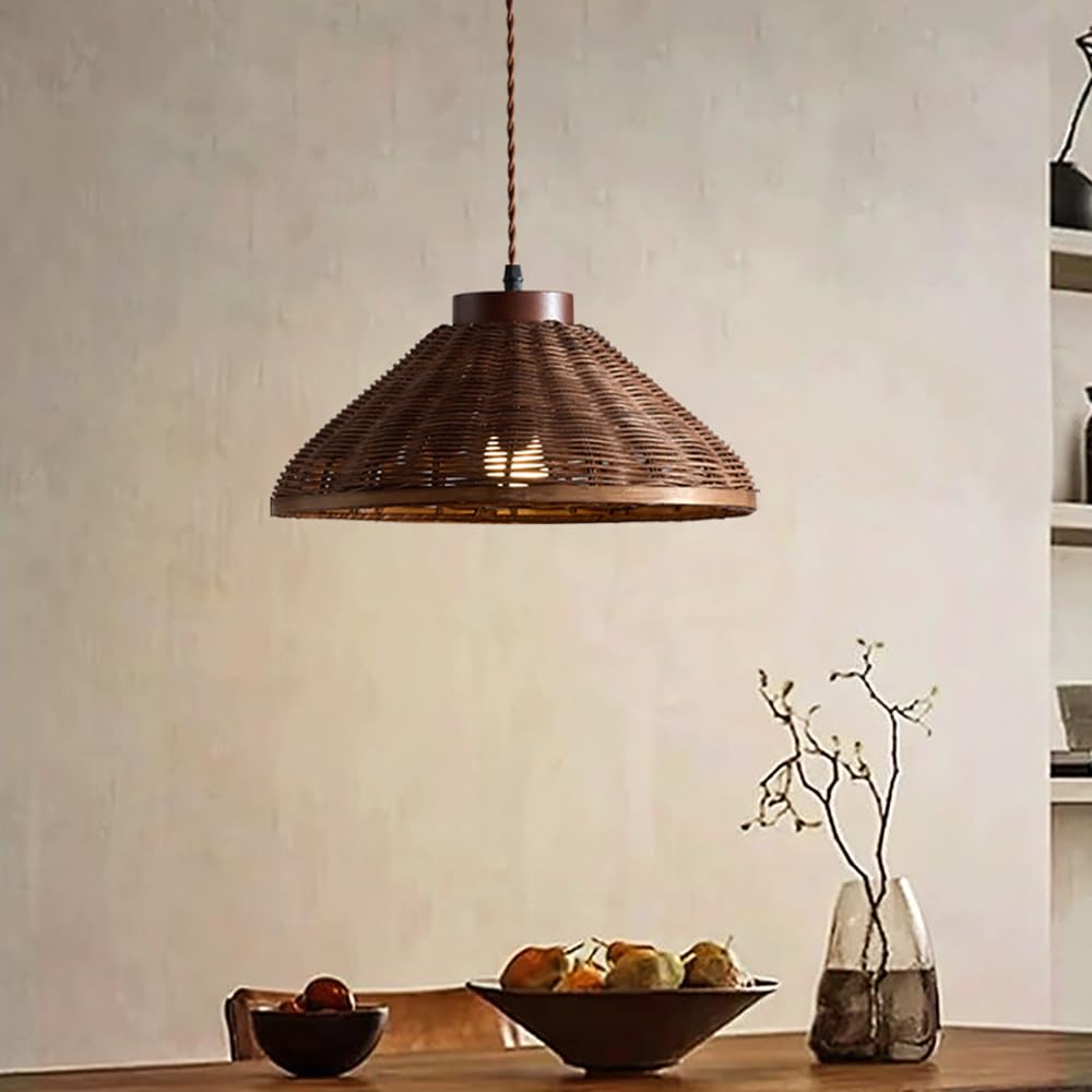 LYMSXAZOU Handmade Rattan Pendant Light - 13.7" Boho Wicker Chandelier for Kitchen Island, Dining Room, and Bedroom(13.1in)