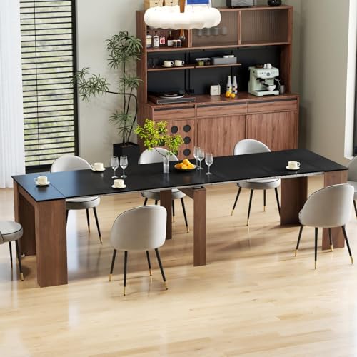 Image of Extendable Dining Table, Transformer Console to Dining Table for 12 People, Folding Space Saving Dining Room Table for Small Spaces, Walnut & Black