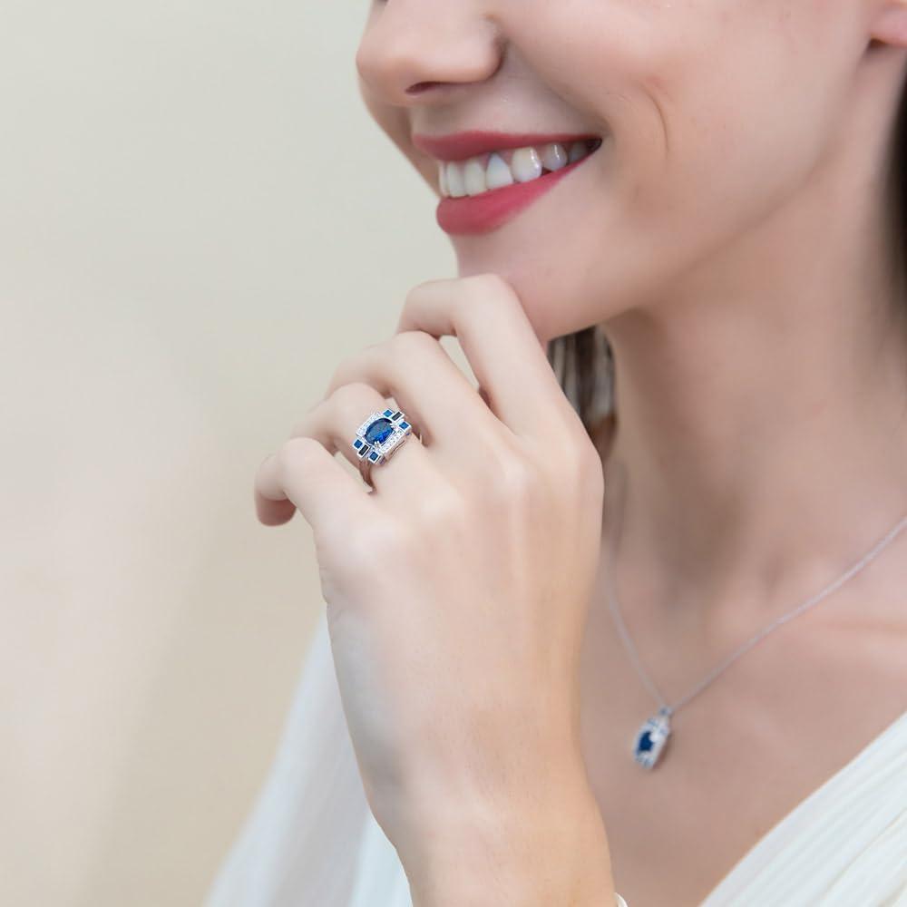 BERRICLE Sterling Silver Art Deco Ring for Women, Sapphire-Blue Cubic Zirconia CZ