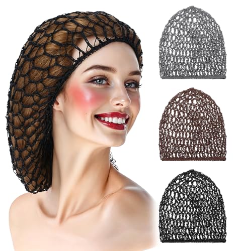Crochet Hair Net, 3 Pcs Snoods for Women Hair, Reusable Hairs Nets for Sleeping, Silk Press, Makeup, All Night (3 Colors)