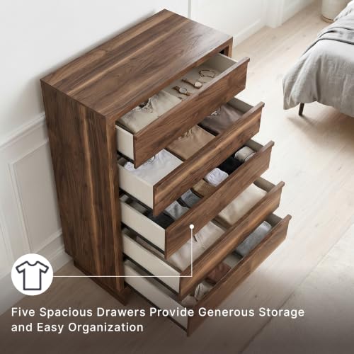 Image of Signature Design by Ashley Darcalli Casual 5-Drawer Wide Chest with Easy Glide and Safety Stop for Bedroom, Light Brown