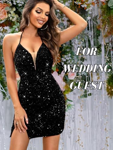 Image of ShawGobow Sexy Sequin Dress for Women,Sparkly Glitter Velvet Mini Prom Dresses,Plunge Backless Club Outfit Cocktail Party