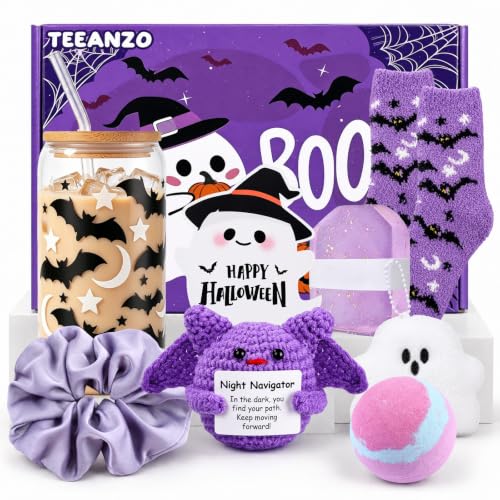 Teeanzo Boo Basket Stuffers for Women 8 Pcs Halloween Spooky Gifts Boo Basket for Women Teens Girls Her Sister Friend Audlts with Halloween Glass Cup