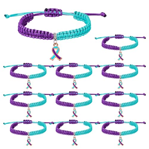 10 Pack Suicide Prevention Awareness Braided Bracelets with Independent Small Package of Each Piece Adjustable Cord Purple Teal Ribbon Braided Bracelets for Women Men Charity Campaign Supplies