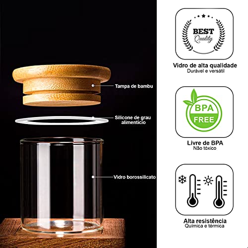 Kit 12 Potes 200ML de Vidro com Tampa de Bambu Herméticos com Adesivos e Canetinha