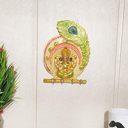 Image of KridayKraft Metal Ganesha ji Key Holder with Meena Work Decorative for Wall | Ganesh Statue /Religious | Idol /Wall Hanging (Ganesh Pankhi MENA)