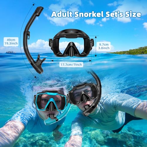 Honlanor Snorkel Set Adults Snorkeling Gear Anti-Leak and Anti-Fog Tempered Glass Lens Panoramic View Swim Mask Dry Top Snorkel Kit for Snorkeling Scuba Diving Swimming Travel with Carry Bag