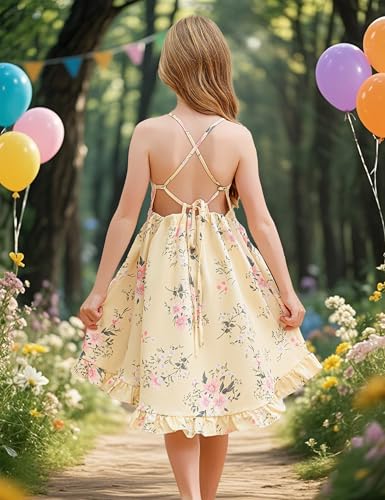 Girls Summer Floral Hi-Low Sleeveless Sundress with Straps,Vintage Boho Backless Party Dress2