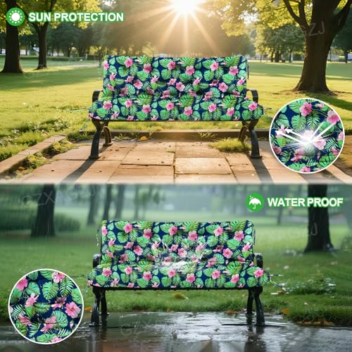 Image of Porch Swing Cushions Outdoor 48 inch Waterproof Extra Thick 5 inch Swing Cushions Replacement with Backrest and Ties for Outdoor Furniture Porch Patio Garden Lawn (Rainforest Pattern)
