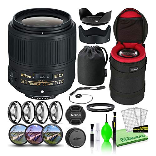 Nikon AF-S NIKKOR 35mm f/1.8G ED Prime Lens (2215) Bundle Package with Padded Lens Case + Macro Filter Kit + UV, CPL, FL Lens Filters + Tulip Hood + Lens Cap Keeper + Lens Cleaning Kit