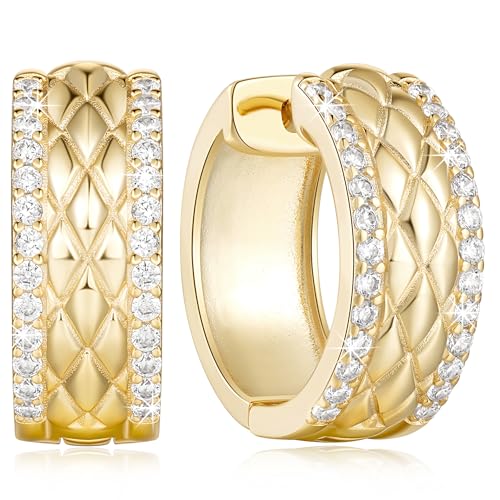 Cossa 14K Gold Hoop Earrings for Women Elegant Thick Gold Hoop Earrings Cubic Zirconia Encrusted Mesh Huggie Hoops Earring for Women 20mm