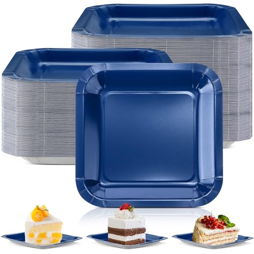 Dandat 100 Pack 7 Inch Small Dessert Plates Paper Square Plate, Navy Blue