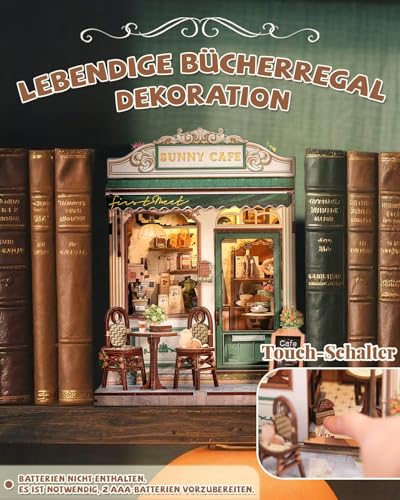 Cutefun Book Nook Kit - DIY-Miniatur Häuser Bausatz für Erwachsene, 3D-Holzpuzzle Tiny House, maßstabsgetreues Café-Modell Bücherregal-Dekoration Geschenk für Frauen Puzzle-Liebhaber (Sunny Cafe)