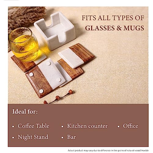 Image of DREAMY WALLS Marble Coasters Set of 4 with Holder, Acacia Wood Inlay, Dining Table Coasters for Hot Pots Tea & Coffee Mugs Table Coasters Decorative Items for Home Decor