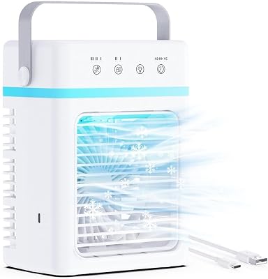 Portable Air Conditioner 900ML, Mini Air Conditioner 3 Power Levels, Air Cooler 3 Mist Modes, Timer 2/4/6H, USB-C 10W & RGB Light (Off) – Ideal for Home, Camping and Travel