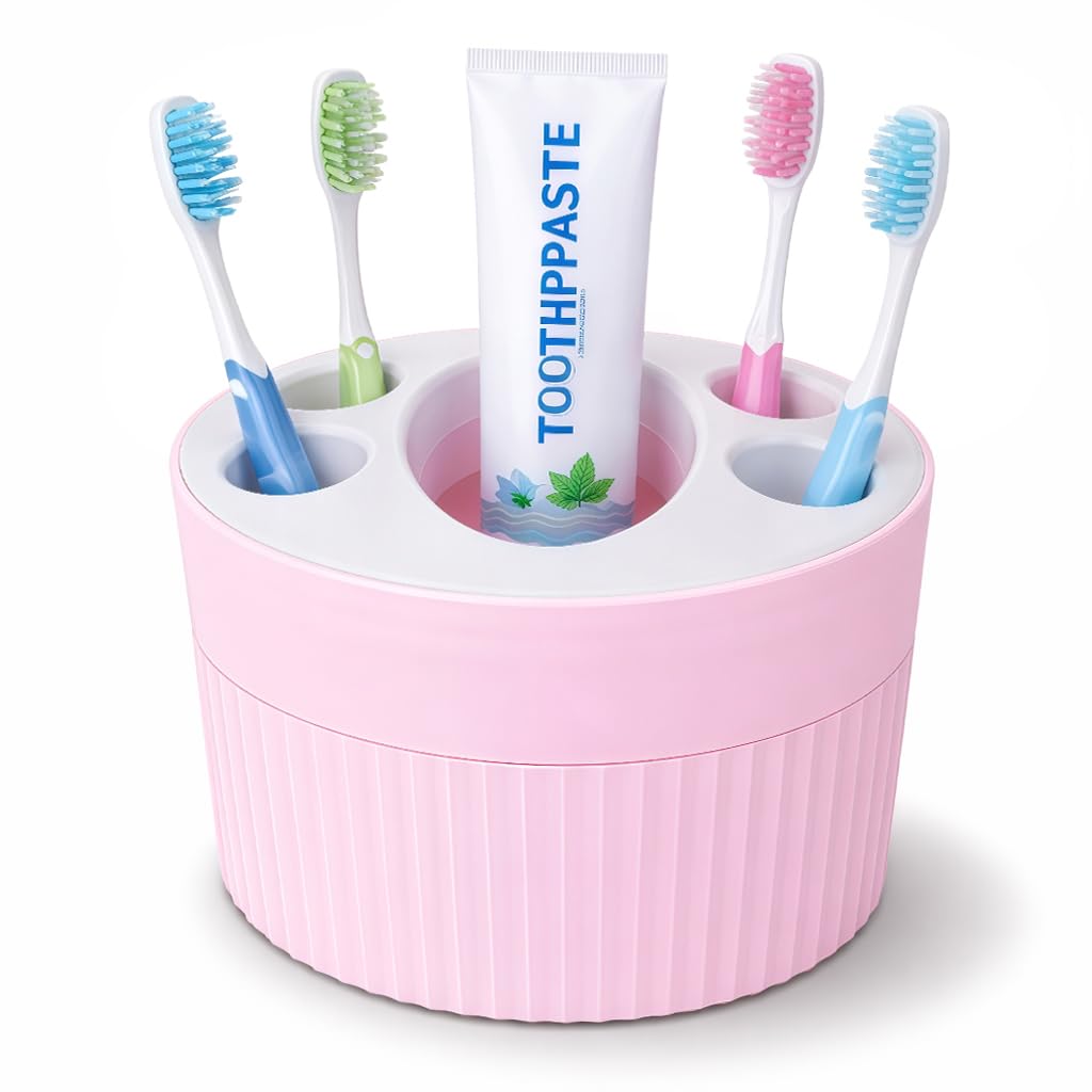 Toothbrush Holder for Bathroom Countertop, Multi-Slot Toothbrush Caddy with Drainage, Detachable Design, Non-Slip Base, Toothpaste Organizer (1, Pink)