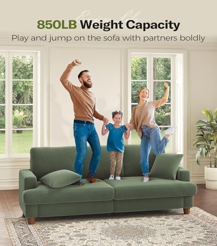 Kidirect 87in Green Sofa, Couches for Living Room 21in Extra Deep Seats, Comfy Corduroy Sofas for Living Room No Tool Assembly, Modern Oversized Love Seat with 2 Pillows, Sofa Couch for Bedroom