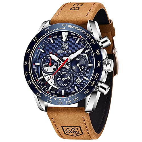 BENYAR Mens Watches 45MM Large Quartz Movement Chronograph Leather Strap 30M Waterproof Sport Scratch Resistant Elegant Wrist Watch for Men (Silver-Blue)