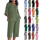 Zweiteiler Damen Elegant,Baumwolle Leinen Hosenanzug Sommer Jogginganzug Kurzarm T-Shirts und Weites Bein Caprihose Mode Sportlich 2 Teiliges Anzug Set Schlanke Übergroße Einfarbig Freizeitanzug