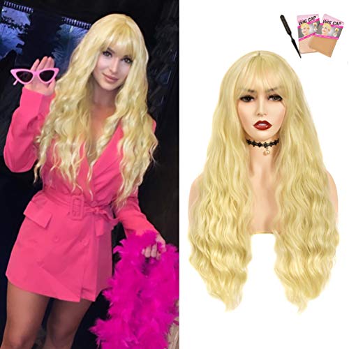 Long Wigs for White Women, Upgrade Full Machine Made Middle Part, Long Black Wig, 24 Inches Blonde Wavy Black Wigs for Women