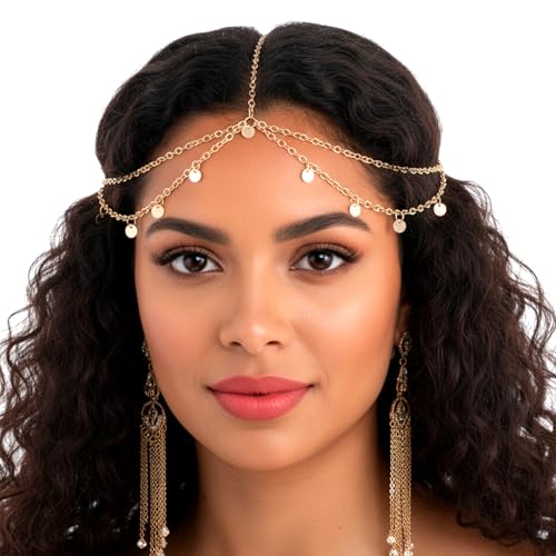 Göttin Kopfkette Gold Damen Wahrsagerin Kopfschmuck Pailletten Boho Quaste Haarkette Goldene Kopfbedeckung Braut Haarschmuck Für Hochzeit Festival Party Kostüm Stirnkette Schmuck