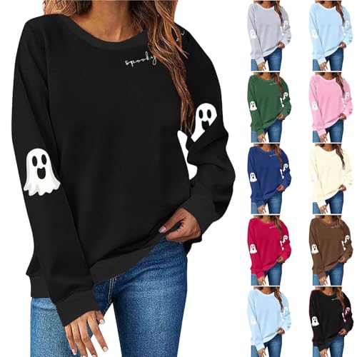 halloween oversized sweatshirts for women Halloween Sweatshirts for Women Spooky Season Funny Long Sleeve Graphic Crewneck Pullover Tops Cute Ghost Sweater Black