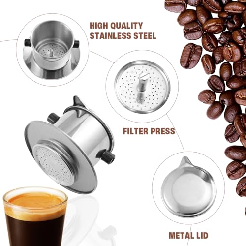 Image of Supvox Drip Coffee Pod, Stainless Steel Phin with Ears & Base, Classic Drip Coffee Pot for Vietnamese Iced Coffee, Detachable Filter Press, Travel Drip Coffee Maker Pot