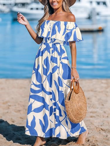 Image of CUPSHE Women Ruffle Floral Maxi Summer Dress Off Shoulder Short Sleeve Backless Flounce Bodice Slit Hem Beach Dresses