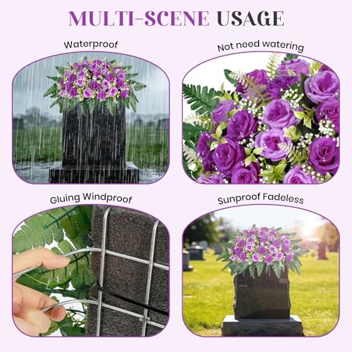 ICX Cemetery Flowers for Grave Saddle, Artificial Rose Memorial Flowers, Headstone Flower Saddle, Cemetery Memorial Flowers for Outdoor Tombstone Decorations for Remberance (Purple image 4