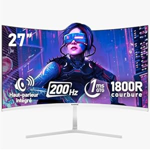 Gawfolk Écran PC 27 Pouces incurvé 200Hz Gaming Computer Moniteur, 1800R,1ms，FHD 1080p, 178 ° Grand Angle,Haut-Parleur intégré, HDMI、DisplayPort,Compatible avec Montage Mural 100 * 100mm- Blanc