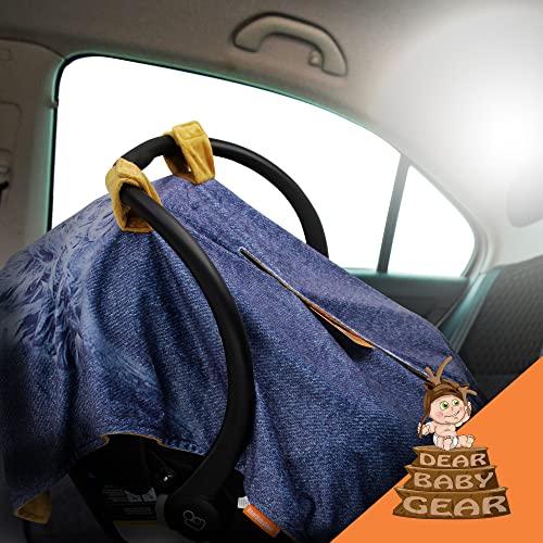 Image of Dear Baby Gear Car Seat Cover for Boys & Girls - Baby Carseat Canopy w /Snap Opening - Infant Seat Cover - Nursing Covers - Newborn Carrier Canopy -40x30 inch(Highland Cow on Denim, Smooth Khaki)