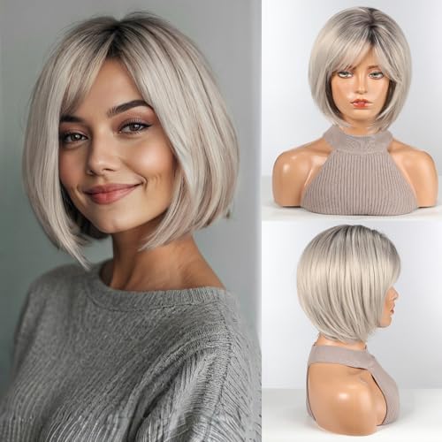 HAIRCUBE Bob Wigs for Women Synthetic Wig with Fringe Grey Color, 21"-23"